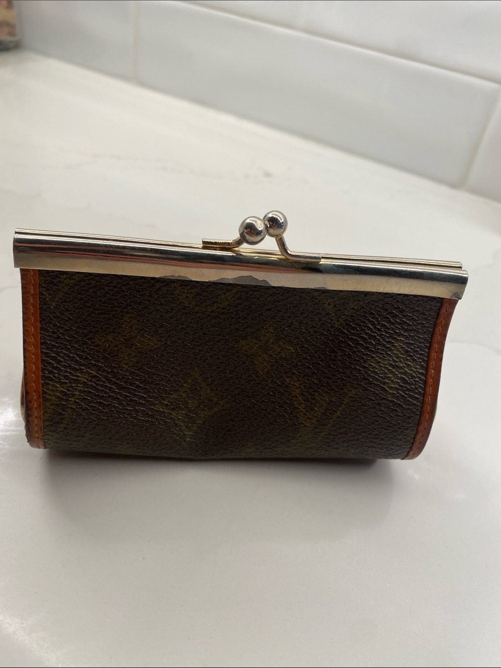 Louis Vuitton Monogram Kiss-Lock Coin Pouch in Brown with Gold Frame